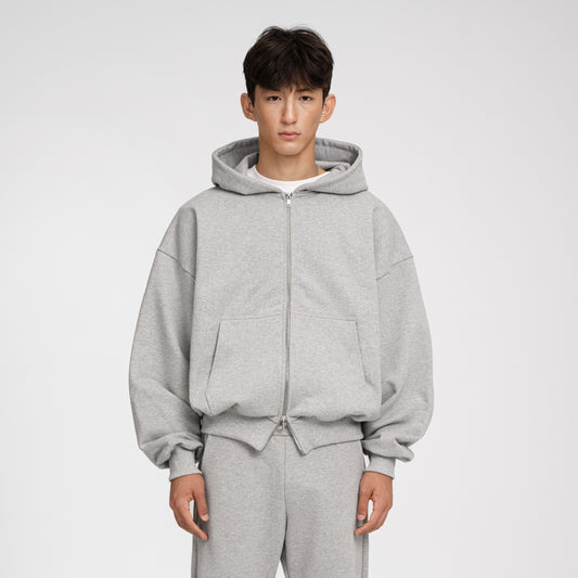 Boxy Ultra Heavyweight Double Zip Hoodie (Grey)