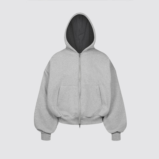 Boxy Ultra Heavyweight Double Zip Hoodie (Grey)