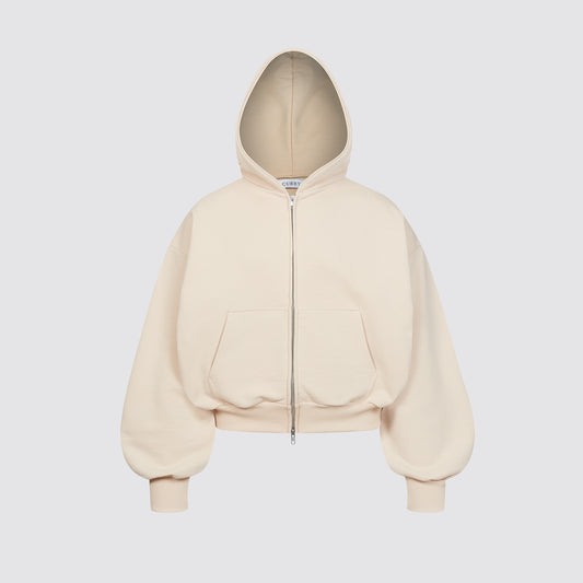 Boxy Ultra Heavyweight Double Zip Hoodie (Beige)