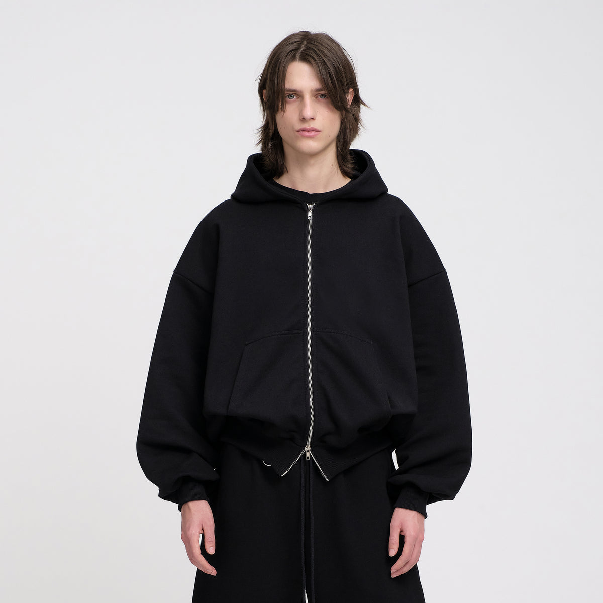Boxy Ultra Heavy Double Zip Hoodie (Black)