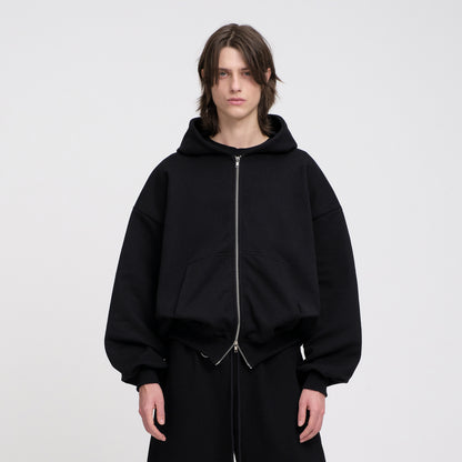 Boxy Ultra Heavy Double Zip Hoodie (Black)