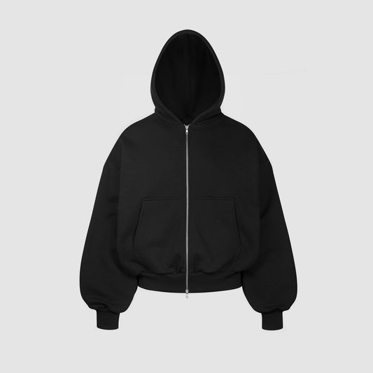 Boxy Ultra Heavyweight Double Zip Hoodie (Black)