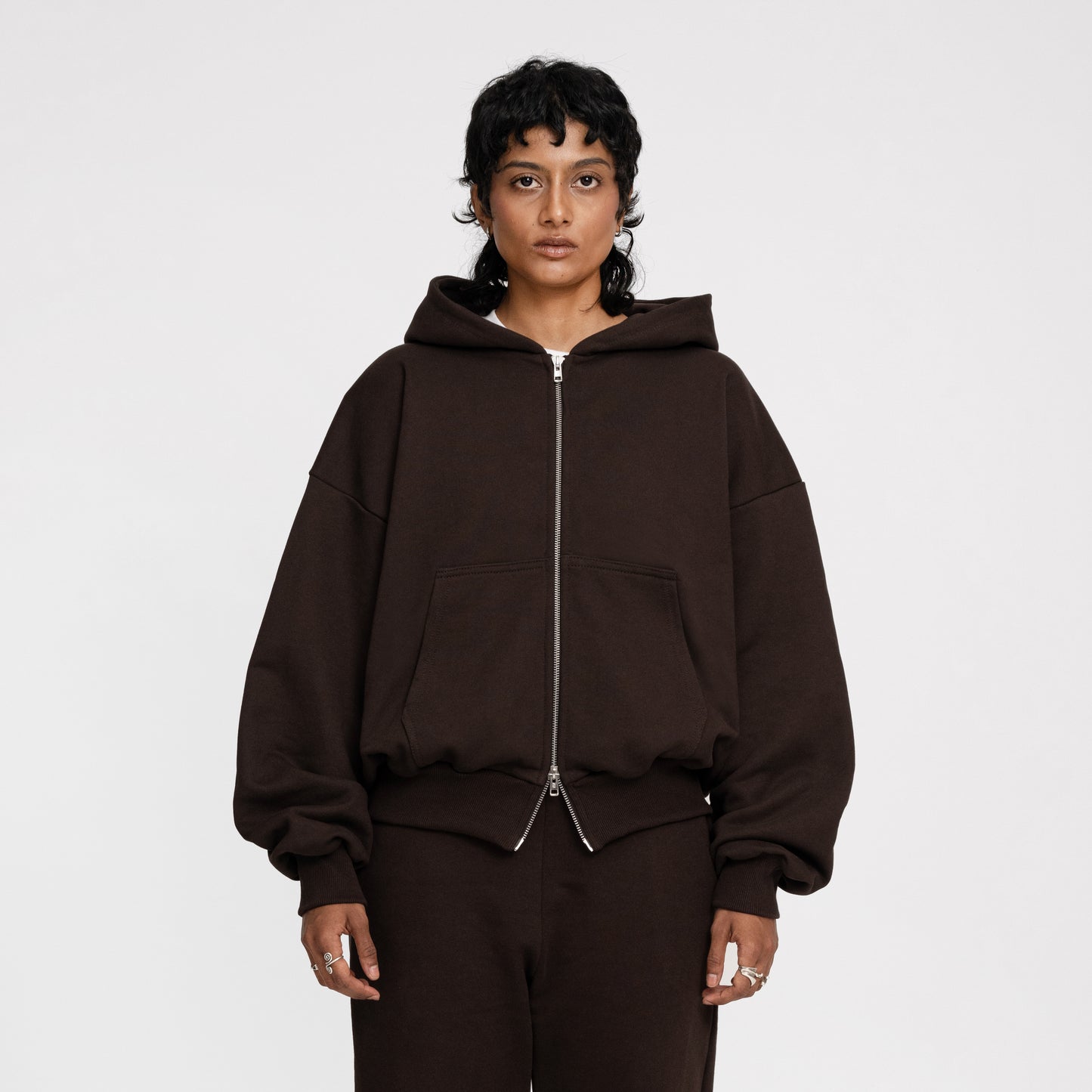 Boxy Ultra Heavyweight Double Zip Hoodie (Dark Chocolate)