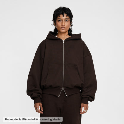 Boxy Ultra Heavyweight Double Zip Hoodie (Dark Chocolate)