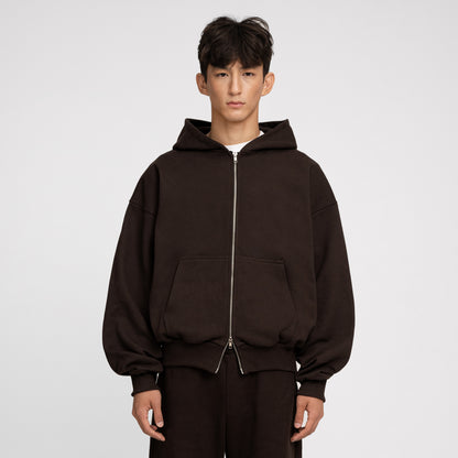 Boxy Ultra Heavyweight Double Zip Hoodie (Dark Chocolate)