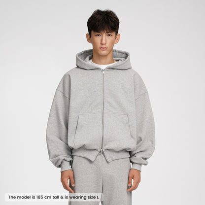 Boxy Ultra Heavyweight Double Zip Hoodie (Grey)