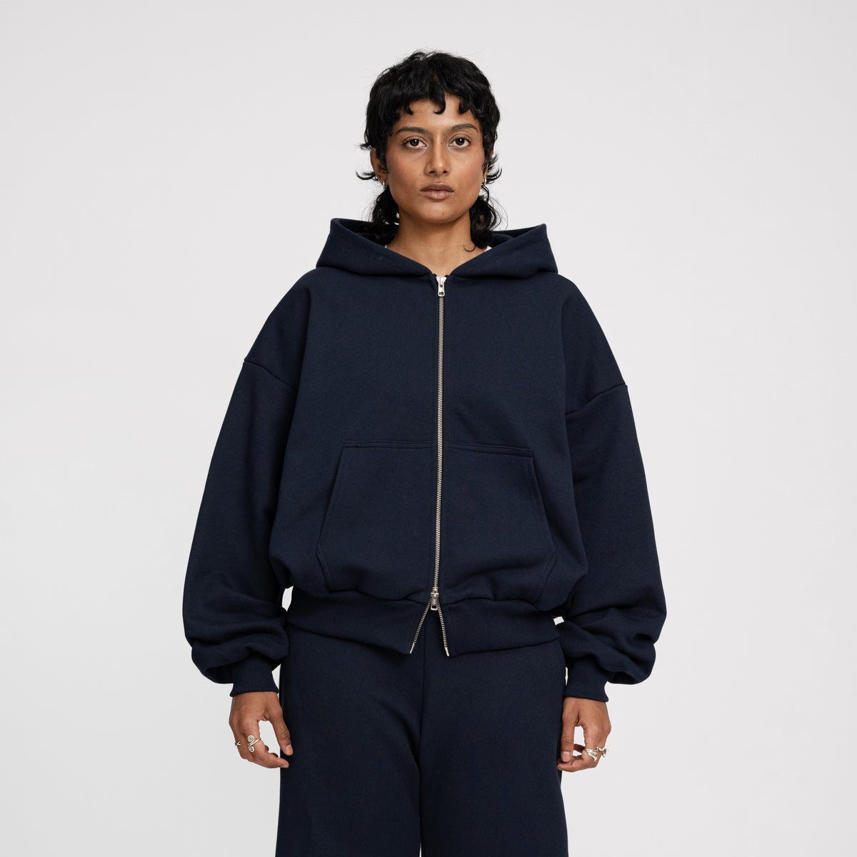 Boxy Ultra Heavy Double Zip Hoodie (Dark Navy)